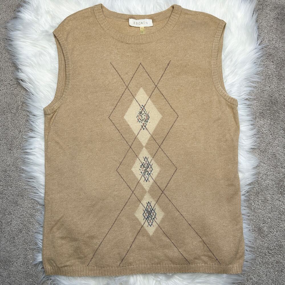 ESCADA Vintage Argyle Sweater Vest Womens Large Wool Cashmere Silk Academia Twee
